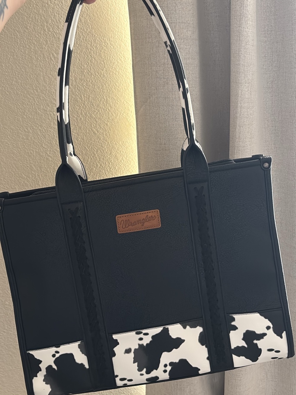 Wrangler Black and White Cow-Print Panel Tote